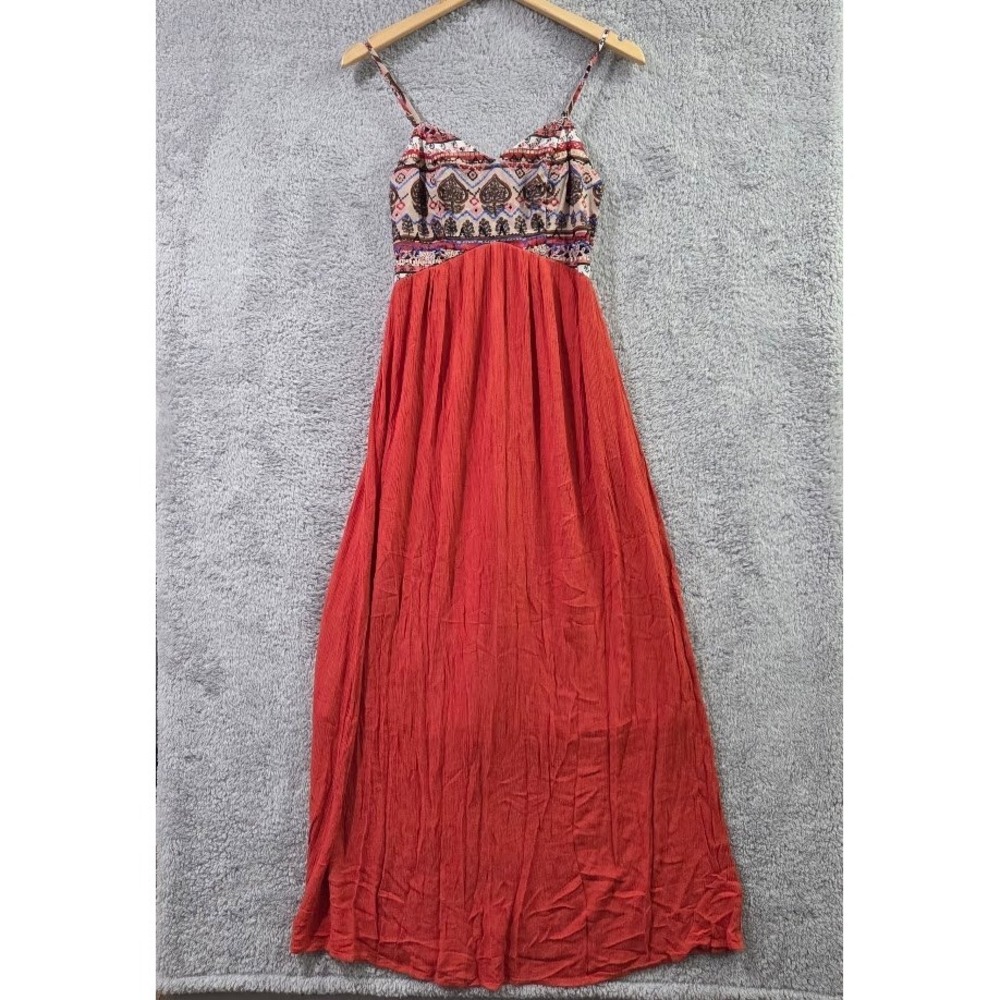 Xhilaration Boho Maxi Dress Women's Medium Rust Orange Paisley Smocked Lined